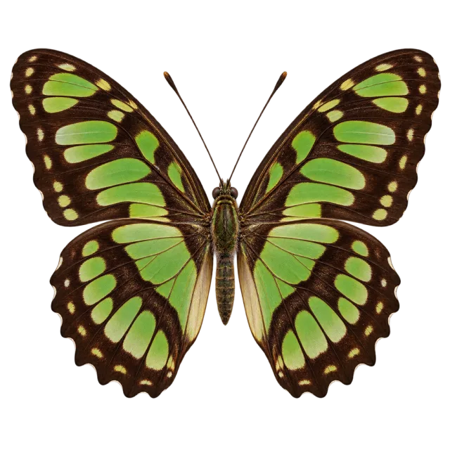 Butterfly illustration with bright green patches separated by dark brown wing borders
