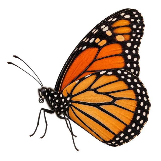 Side-view orange butterfly with black wing veins and white-spotted dark borders