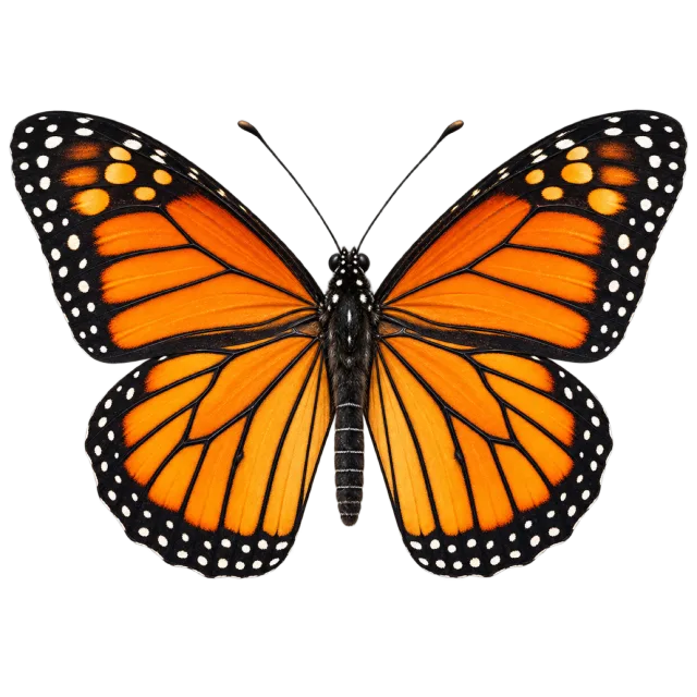Open-wing orange butterfly illustration with black veins and white-spotted borders
