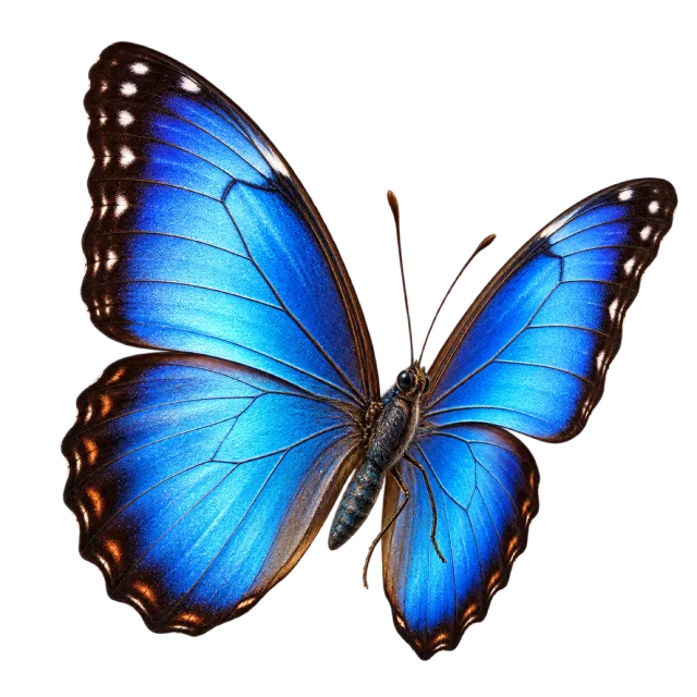 Blue butterfly illustration shown at an angle with raised wings and dark scalloped edges