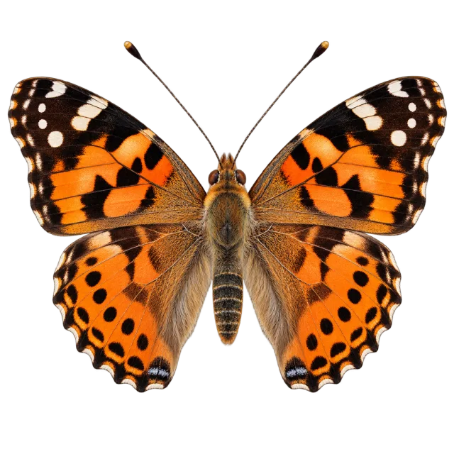 Butterfly illustration with orange patterned wings and dark tips dotted with cream markings