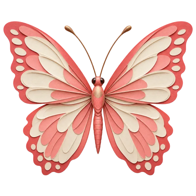 Layered paper-style butterfly with coral pink borders and curved cream wing sections