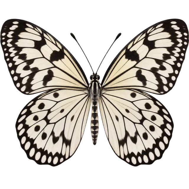 Butterfly illustration with pale cream wings patterned by black veins and oval spots