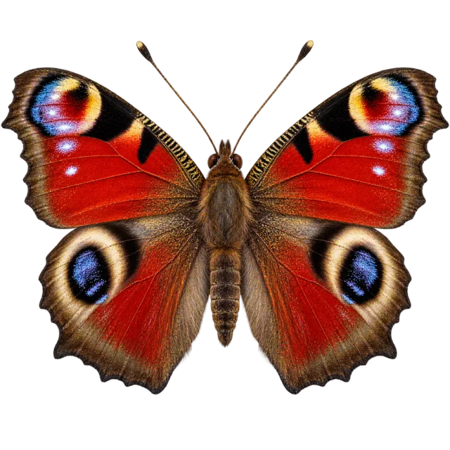 Red-brown butterfly illustration with large blue, yellow and black eye-like wing markings