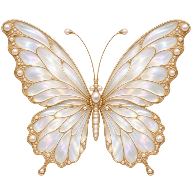 Decorative butterfly with pearly wing panels, gold outlines and small bead-like accents