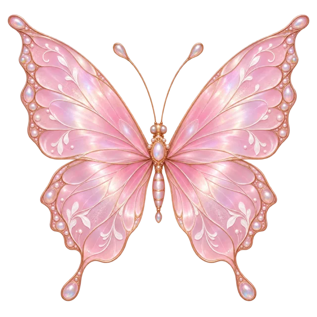 Fantasy butterfly with translucent-looking pink wings, pale gold edges and delicate white markings