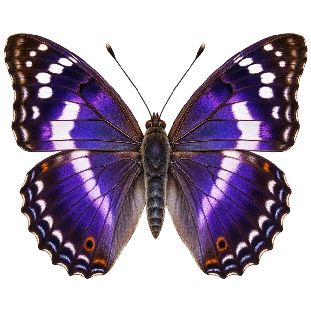 Butterfly illustration with violet wings, broad pale bands and dark patterned edges