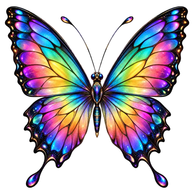 Fantasy butterfly with multicolored wing panels outlined in black and bright dotted borders