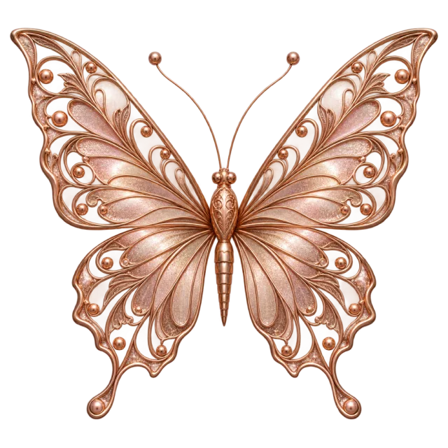 Rose gold-colored butterfly with curling openwork patterns and delicate reflective outlines