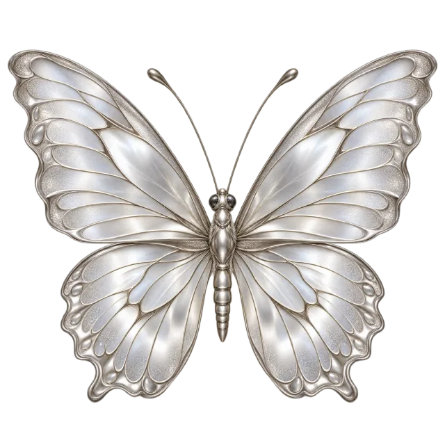 Silver-colored butterfly with softly reflective curved wing panels and fine raised veins