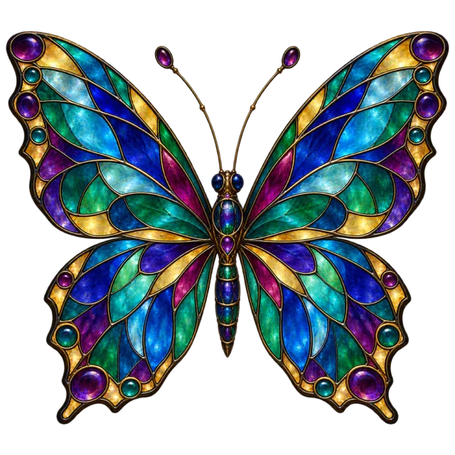 Butterfly with blue, green, purple and gold glass-style wing sections outlined in dark metal