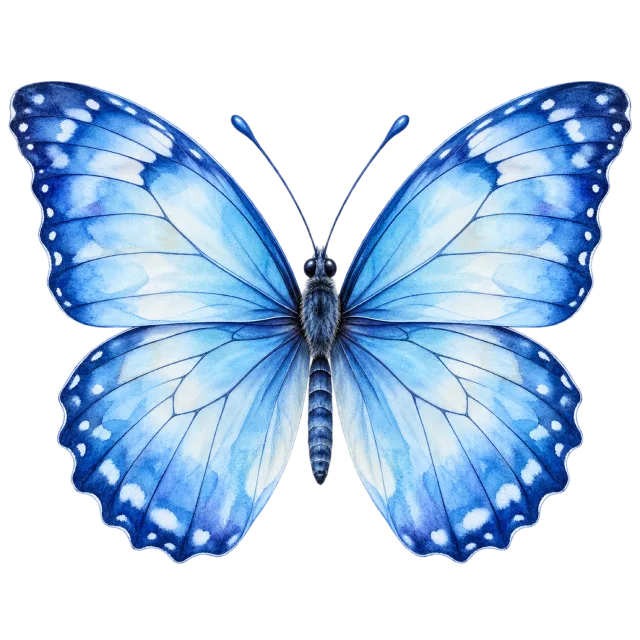 Painted butterfly with pale blue wing washes and darker blue dotted edges