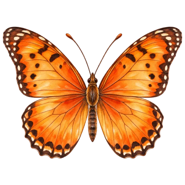 Painted orange butterfly with soft yellow highlights and dark spotted wing borders