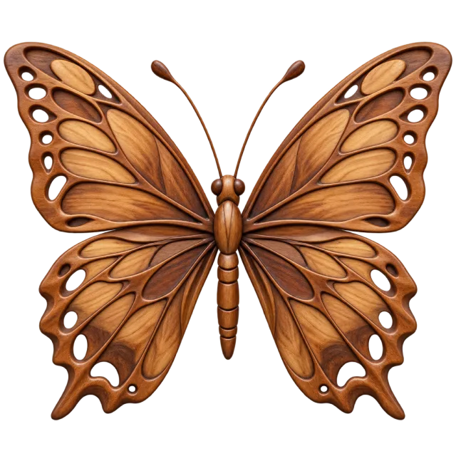 Brown wood-style butterfly with carved flowing wing patterns and small open edge details