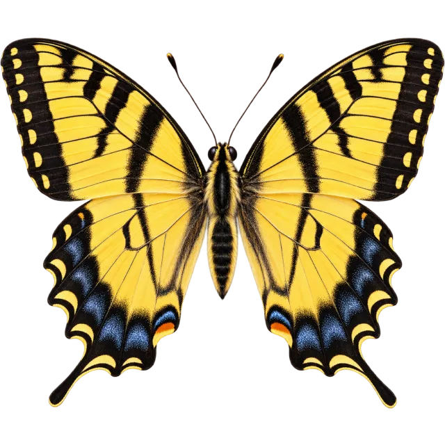 Yellow butterfly illustration with bold black stripes, blue lower markings and pointed tails