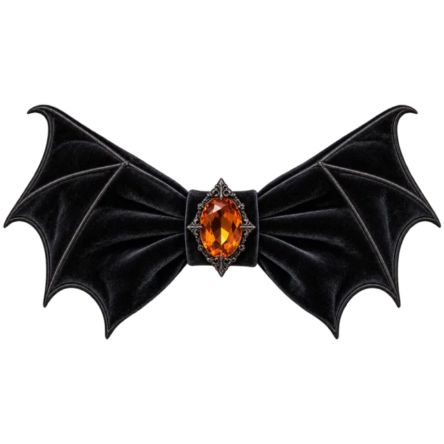 Black bat-wing bow tie with raised wing veins and an orange gem at the center