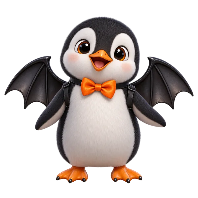Smiling penguin wearing black bat wings and an orange bow tie