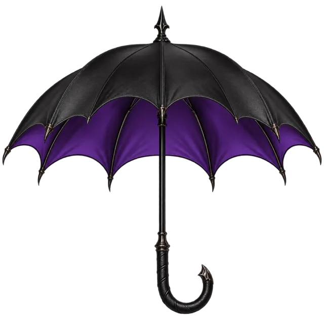 Open black umbrella with pointed bat-like edges and a purple underside