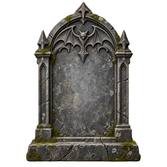 Weathered gray tombstone with pointed gothic trim, a bat carving and a blank center
