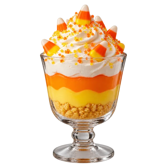 Glass dessert cup with yellow and orange layers, whipped topping and candy corn pieces