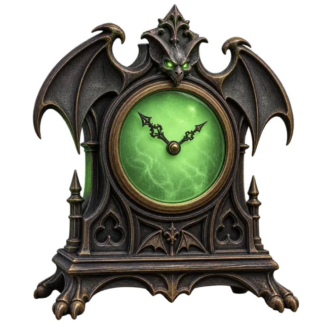 Dark ornate clock with bat wings, a pointed top and a glowing green dial