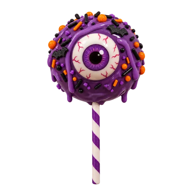Purple cake pop decorated with a large eye and colorful sprinkles on a striped stick