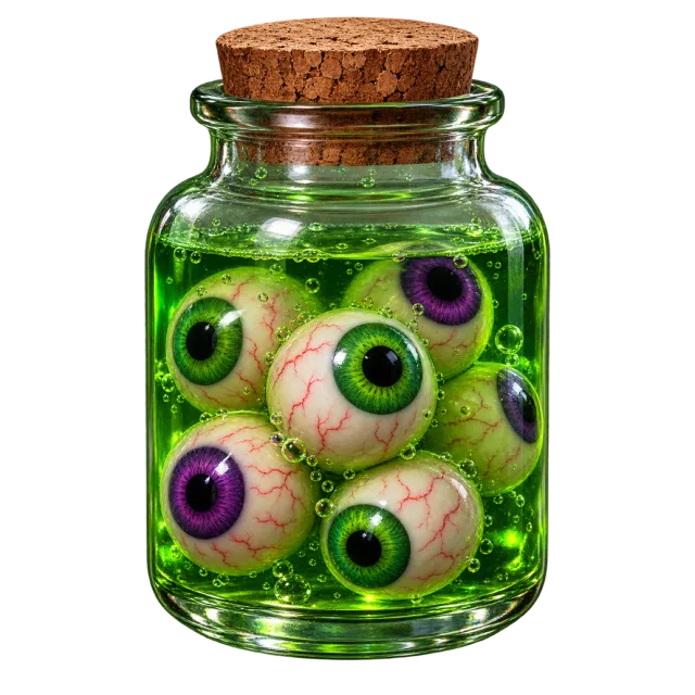 Corked glass jar filled with bright green liquid and colorful eyeball props