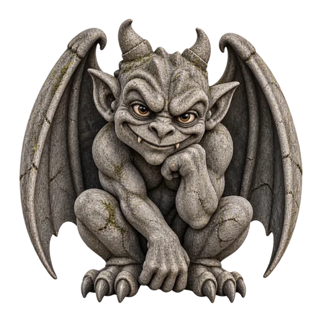 Crouching gray stone-style gargoyle with horns, pointed ears and spread wings