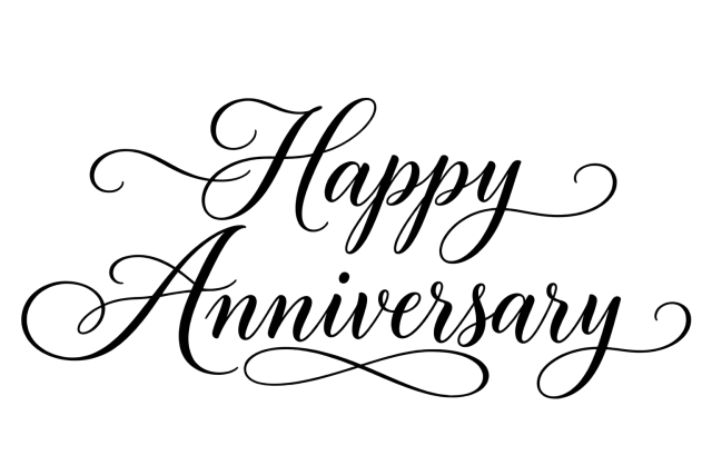 Happy Anniversary in decorative black calligraphy on a transparent background