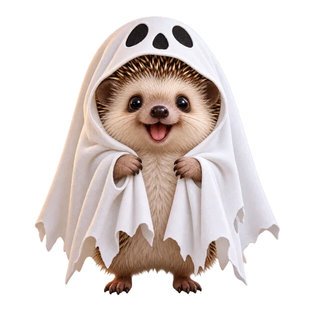 Smiling hedgehog peeking through a white ghost costume with dark face markings