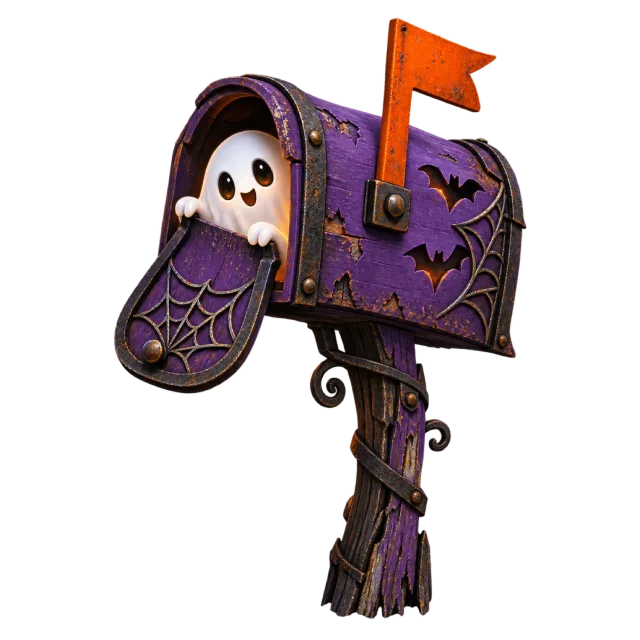 Purple mailbox with an orange flag, bat details and a small white ghost inside