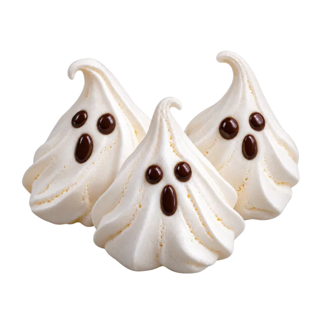 Three swirled white meringue ghosts with dark eyes and open mouths