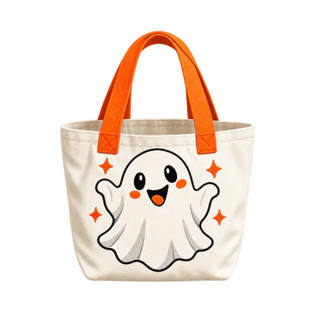 Cream tote bag with orange handles and a smiling ghost illustration