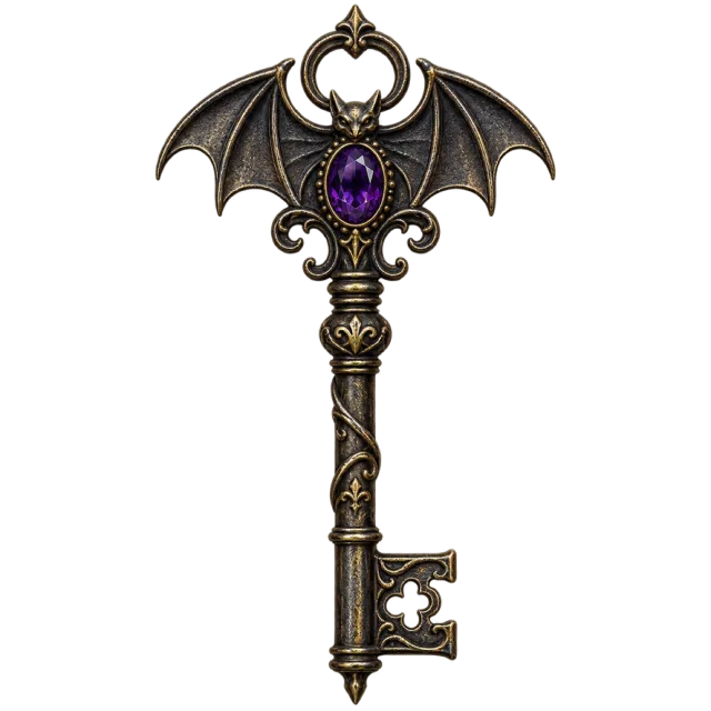 Antique-style key with a bat-wing head and a central purple gem