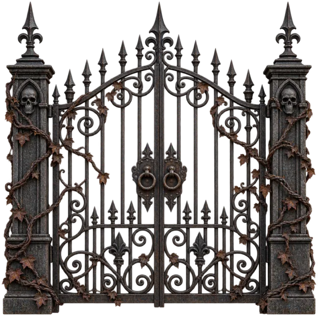 Dark wrought-iron-style double gate with pointed finials and vine-covered stone pillars