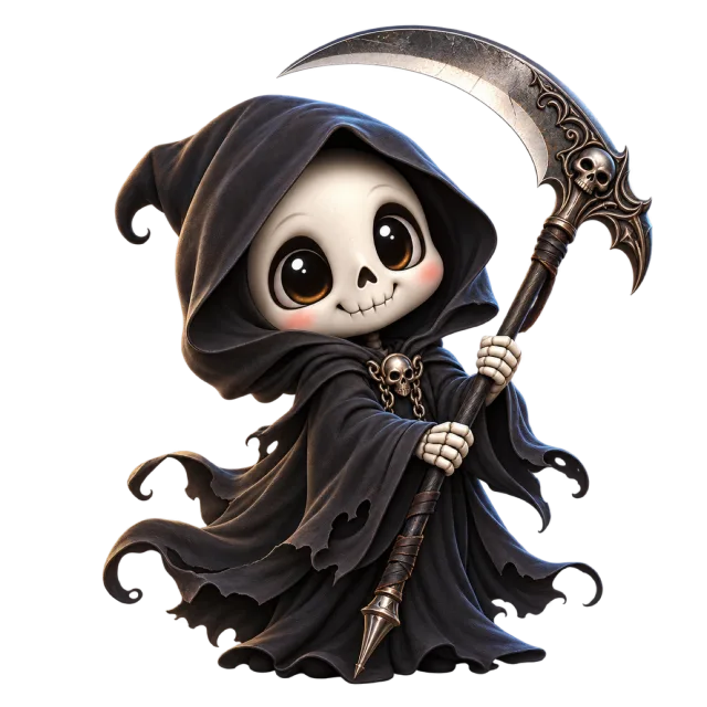 Small wide-eyed skeleton character in a black hooded robe holding a curved scythe