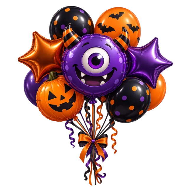 Balloon bouquet with a purple one-eyed monster, pumpkin faces, stars and curled ribbons
