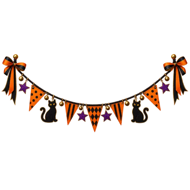 Curved orange, purple and cream bunting with stars, black cat shapes and ribbon bows
