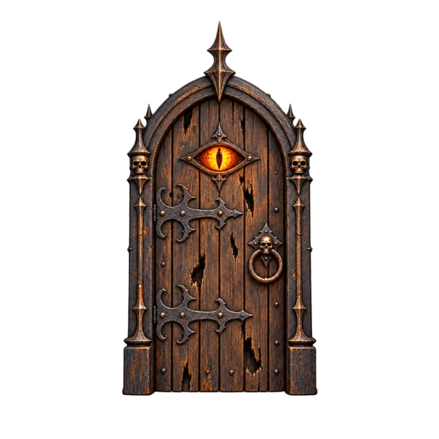 Pointed wooden door with ornate dark hinges and a glowing orange eye above the panels