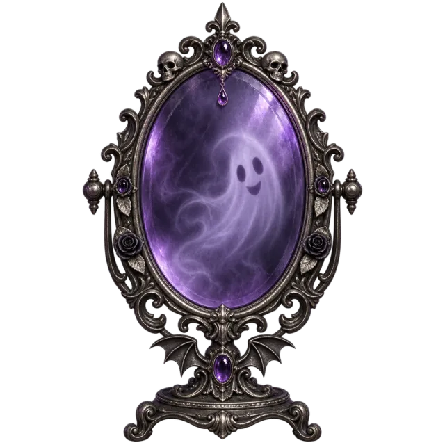 Ornate dark oval mirror showing a pale ghost in swirling purple glass