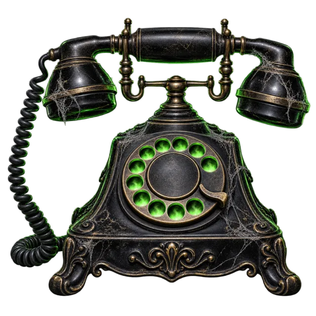 Black antique-style telephone with curled cords, ornate metalwork and a glowing green rotary dial