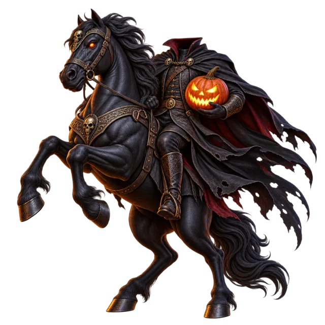 Headless cloaked rider on a rearing black horse carrying a glowing jack-o-lantern