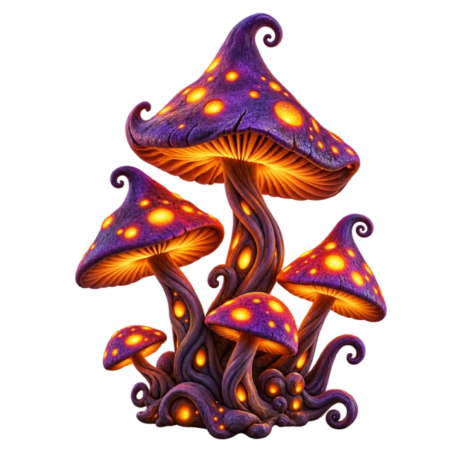 Cluster of curling purple mushrooms with bright orange spots and glowing gills
