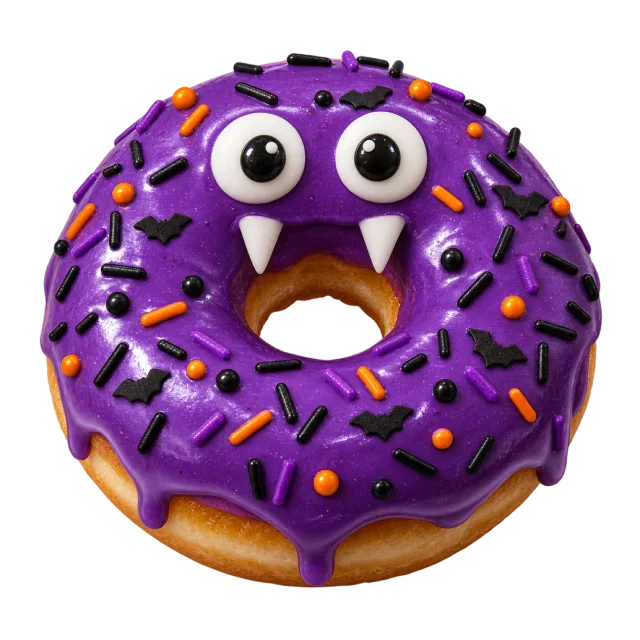 Purple iced donut with large eyes, white fangs and orange and black sprinkles
