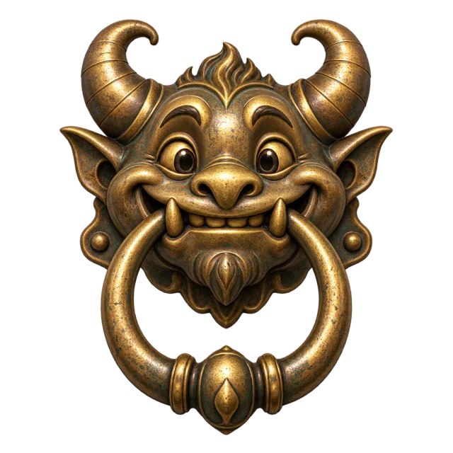 Gold-colored horned monster face holding a large ring-shaped door knocker