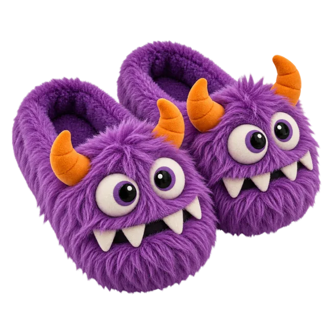Pair of purple furry slippers with orange horns, large eyes and white teeth