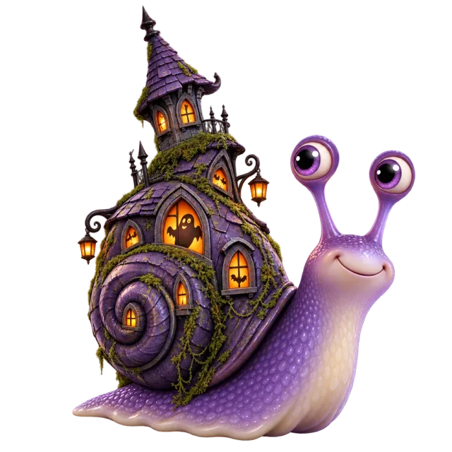 Purple snail with tall eye stalks carrying a tiny crooked haunted house on its shell