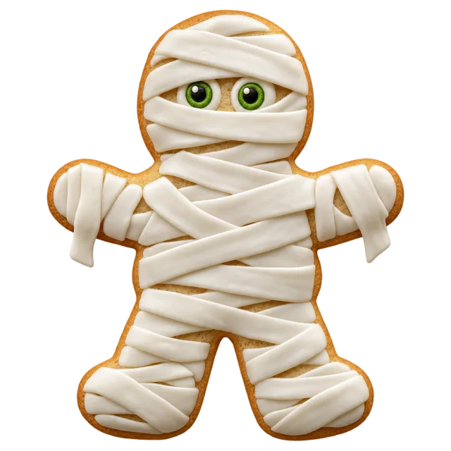 Person-shaped cookie covered in crossed white icing strips with green eyes peeking out