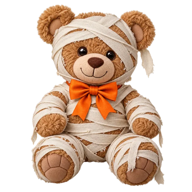 Brown teddy bear wrapped in cream bandages and wearing an orange bow tie