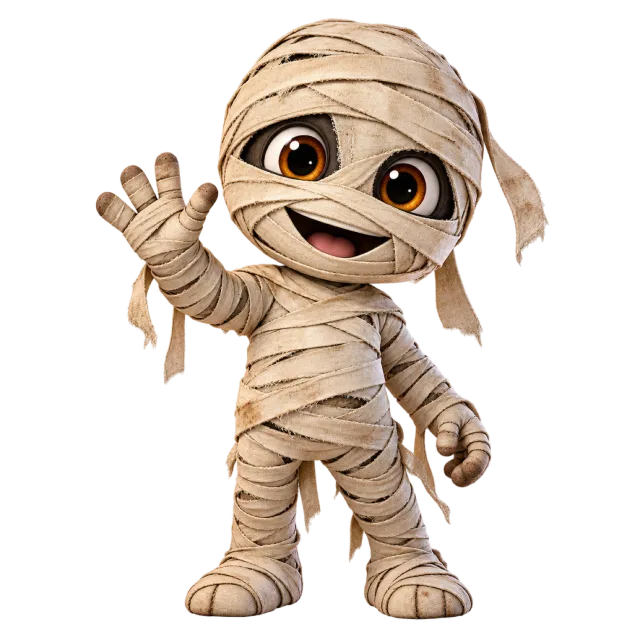 Small mummy with large eyes, layered beige bandages and one raised hand